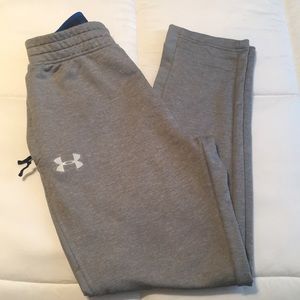 Gray Under Armour sweatpants with blue zipper detail.